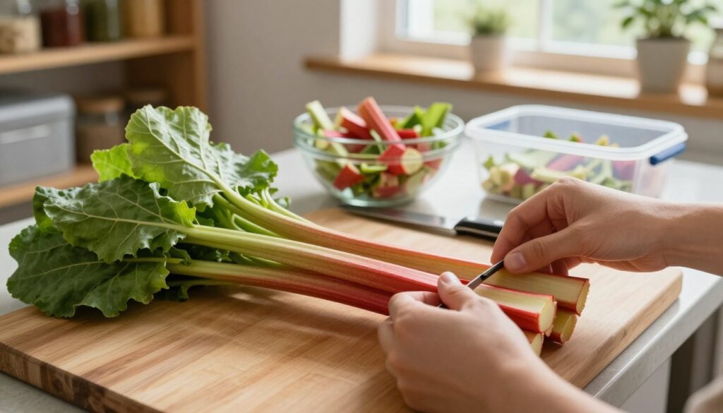 A cozy kitchen scene showcasing the preparation of rhubarb for storage, focusing on freshly harvested rhubarb stalks laid on a wooden cutting board. In the foreground, hands gently trimming the ends of the stalks and removing the leaves, emphasizing the vibrant red and green colors of the rhubarb. The middle ground features an array of kitchen tools, such as a sharp knife, a bowl for collecting trimmings, and a storage container, suggesting careful organization. The background includes elements of a warm kitchen environment, such as shelves filled with jars and natural light streaming in from a nearby window. The overall mood is inviting and serene, perfect for illustrating the care involved in preserving rhubarb for freshness.