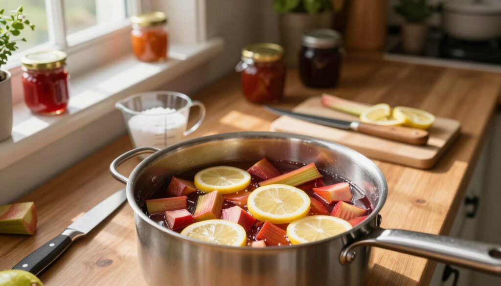 A cozy kitchen scene showcasing the process of cooking rhubarb compote in a stainless steel pot. In the foreground, the pot is filled with vibrant, chopped rhubarb and fresh ingredients like sugar and lemon slices, starting to simmer. The middle ground features a wooden table with measuring cups, a knife, and a small cutting board. A soft light filters through a nearby window, casting warm, inviting shadows. In the background, shelves are stocked with jars of preserves and herbs, adding depth to the kitchen atmosphere. The overall mood is warm and inviting, highlighting the joy of cooking and the fresh, fruity essence of the dish. The angle captures both the pot and the countertop scene, inviting the viewer to feel as if they are part of the process.