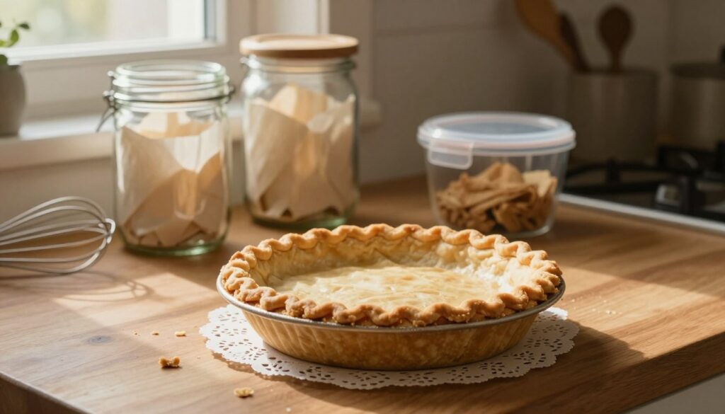 A cozy kitchen setting showcasing a beautifully baked pie crust, resting on a wooden countertop at room temperature. In the foreground, the crust is placed on a delicate lace doily, with a few crumbs scattered around it to emphasize its flaky texture. In the middle, there are glass jars filled with various storage options, such as parchment paper and airtight containers, illustrating the best methods for preserving the pie. The background features soft, warm lighting filtering through a window, casting gentle shadows to create a homely atmosphere. The subjects should be subtle kitchen elements, like a whisk and measuring cups, enhancing the scene without drawing attention away from the pie. The overall mood is inviting and peaceful, perfect for a culinary article.