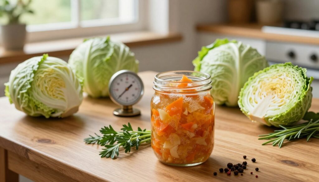 A cozy kitchen setting with a focus on a clean, wooden table displaying fresh cabbage heads in various stages of fermentation. In the foreground, a glass jar filled with vibrant, bubbling sauerkraut captures the eye, surrounded by fresh herbs and spices. The middle layer features a thermometer styled in a vintage design, resting on the table, indicating a room temperature setting. In the background, soft, natural light filters through a window, creating a warm, inviting atmosphere that evokes the feeling of home and careful preservation. The colors should be rich and earthy, emphasizing the freshness of the ingredients. Capture this scene from a slightly elevated angle to fully showcase the textures and details, without any text or distractions.