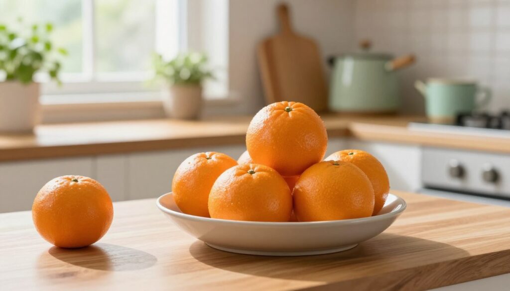 A cozy kitchen setting with fresh, vibrant mandarin oranges displayed prominently on a wooden countertop. The foreground features a bowl filled with oranges, showcasing their glossy, textured skin. In the middle ground, a warm and inviting kitchen atmosphere is depicted, with soft, natural light streaming in through a window, illuminating the scene gently. Delicate greenery, such as potted herbs or foliage, adds a touch of freshness to the environment. The background is blurred slightly to keep focus on the mandarin oranges while hinting at kitchen appliances and utensils in subtle pastel tones, enhancing the homey feel. The overall mood is bright and cheerful, evoking a sense of warmth and care in preserving the freshness of citrus fruits at room temperature.