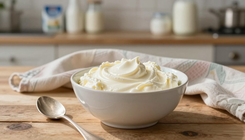 A creamy bowl of mascarpone cheese is the focal point in this image, sitting elegantly on a rustic, wooden table. The mascarpone is smooth and rich, with a glossy surface highlighting its texture. In the foreground, delicate spoons made of vintage silver hint at culinary traditions. In the middle, a soft, luxurious cloth in muted pastel colors adds warmth and complements the creamy hue of the mascarpone. The background features a cozy kitchen setup with blurred shelves of dairy products, including milk and cream, enhancing the theme of creamy dairy alternatives. Soft, natural light streams in from the left, casting gentle shadows and creating a welcoming atmosphere. The composition evokes a sense of indulgence and versatility, ideal for illustrating the creamy qualities essential in dessert recipes.