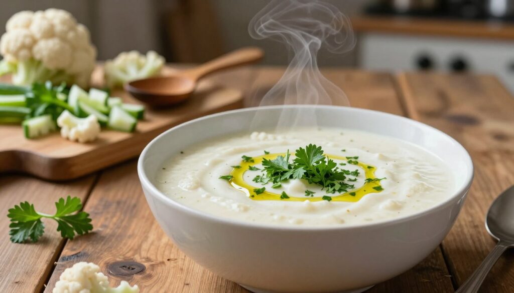 A creamy bowl of zupa kalafiorowa, topped with a sprinkle of fresh herbs and a drizzle of olive oil, set against a rustic wooden table. In the foreground, the vibrant white of the cauliflower soup contrasts beautifully with the green of parsley and delicate steam rising from the bowl, creating a warm, inviting atmosphere. In the middle ground, a small cutting board holds chopped vegetables and a wooden spoon, hinting at the cooking process, while a soft focus background shows a cozy kitchen scene with muted, warm lighting. The image captures a sense of comfort and homeliness, showcasing the soup as the star of a deliciously wholesome meal, all under natural lighting that enhances the creamy texture of the soup.