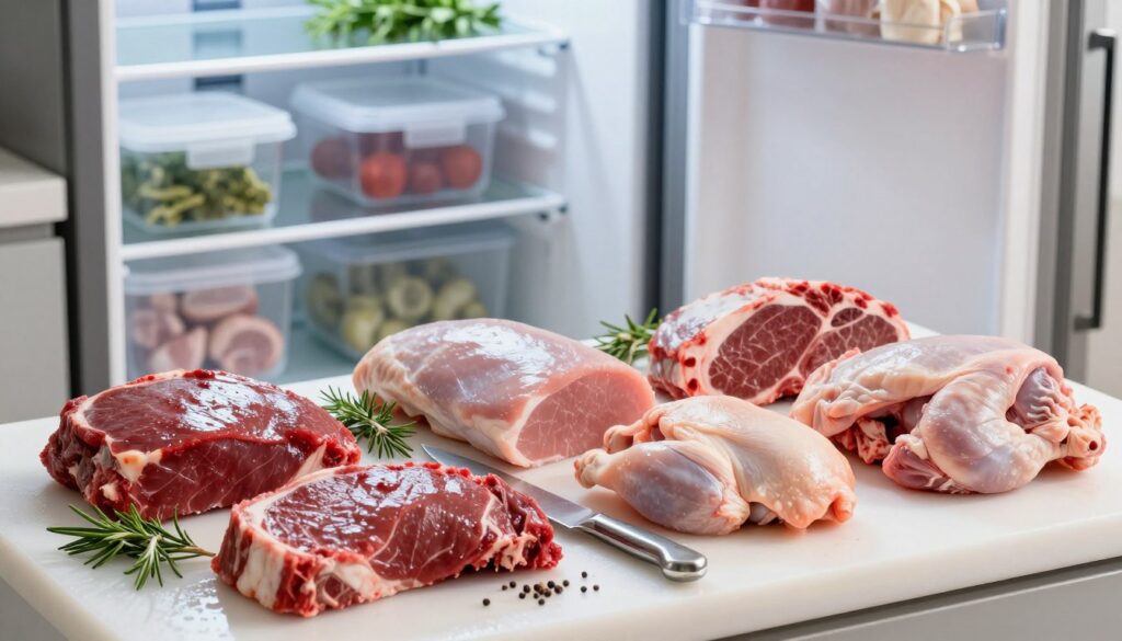 A fresh selection of meats displayed on a clean butcher's block, showcasing an assortment of vibrant colors and textures, such as glossy red beef, rosy pork, and pale chicken, carefully arranged with herbs and spices around them. In the foreground, slight condensation reflects a cool atmosphere, highlighting the freshness of the meats. The middle ground features a sharp knife and a pair of hand tongs, both gleaming under bright, natural light that streams in from the side. In the background, a well-organized refrigerator door is ajar, with neatly stacked containers and additional herbs peeking out, creating an inviting and hygienic kitchen scene. The overall mood is fresh and encouraging, ideal for illustrating the importance of evaluating meat quality prior to refrigeration.