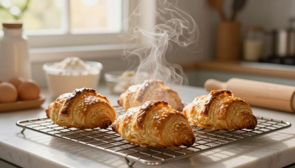 A freshly baked buttery shortcrust pastry gently cooling on a wire rack, with delicate steam rising and a golden-brown hue showcasing its flaky texture. The foreground features the pie on the rack, while the middle ground includes a softly lit kitchen setting, highlighting various baking tools and ingredients like flour and eggs in neatly organized containers. In the background, warm sunlight filters through a kitchen window, illuminating the serene and cozy atmosphere of a welcoming home. The mood is inviting and warm, with an emphasis on the care needed right after baking to maintain the pastry's crispness. The scene captures the essence of baking and the art of preserving texture. Ideal lighting should be soft natural light, with a focus on the pastry's details.