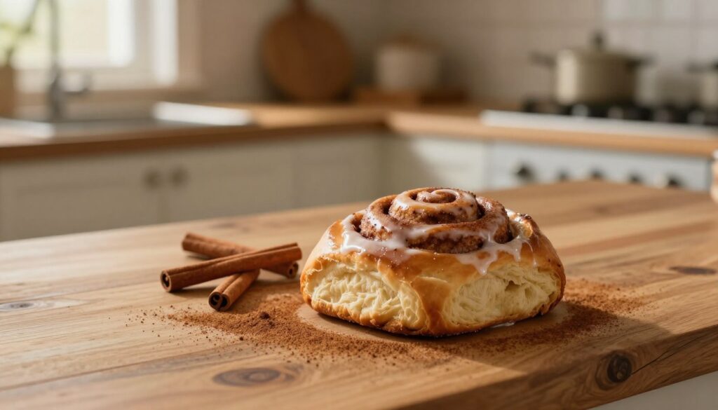 A freshly baked cinnamon roll cooling slowly on a rustic wooden kitchen countertop. The foreground features the aromatic roll, glistening with a light icing, showcasing its flaky, soft layers. In the middle, a delicate sprinkle of cinnamon dust adds texture, while a few whole cinnamon sticks are artistically arranged beside the roll. The background features a softly blurred kitchen, with warm, golden light filtering through a window, creating a cozy atmosphere. The overall mood is inviting and warm, reminiscent of home baking. The camera angle is slightly above the countertop, capturing the details of the roll and the ambiance, evoking a sense of comfort and the joy of savoring homemade treats.