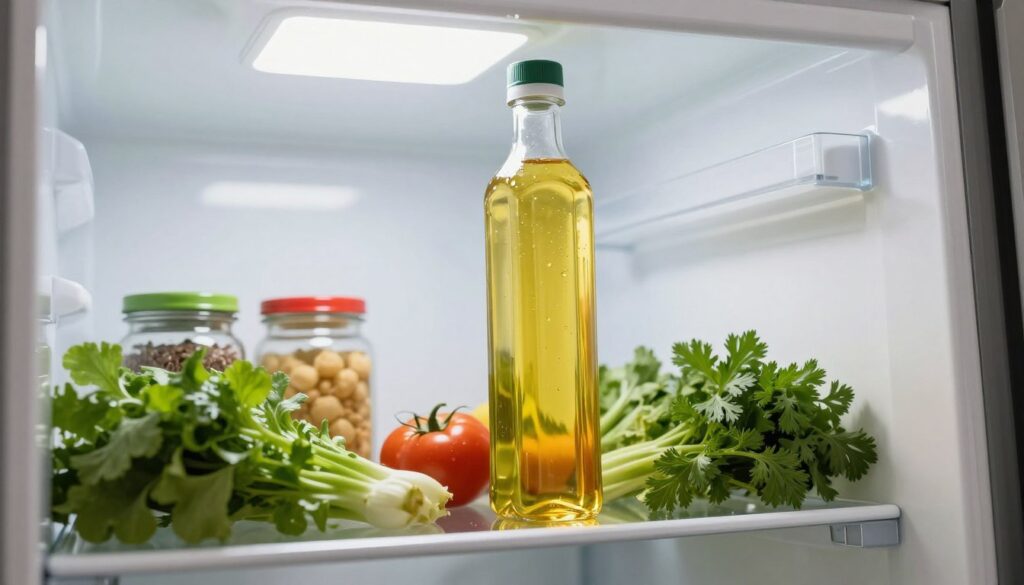 A modern kitchen scene featuring a beautifully organized refrigerator with a focus on a bottle of flaxseed oil prominently displayed on a shelf. The foreground includes a close-up of the bottle, showcasing its rich golden liquid, with droplets of condensation highlighting its freshness. Surrounding the bottle are leafy herbs and a few fresh vegetables, emphasizing a healthy lifestyle. The middle background reveals neatly arranged containers and jars, hinting at an organized storage approach. Soft, natural lighting floods the scene from a window, creating a warm and inviting atmosphere. The angle is slightly tilted downward to capture the interior of the fridge, ensuring a clean, minimalist aesthetic without distractions. The overall mood is fresh, vibrant, and conducive to preserving oil's qualities.