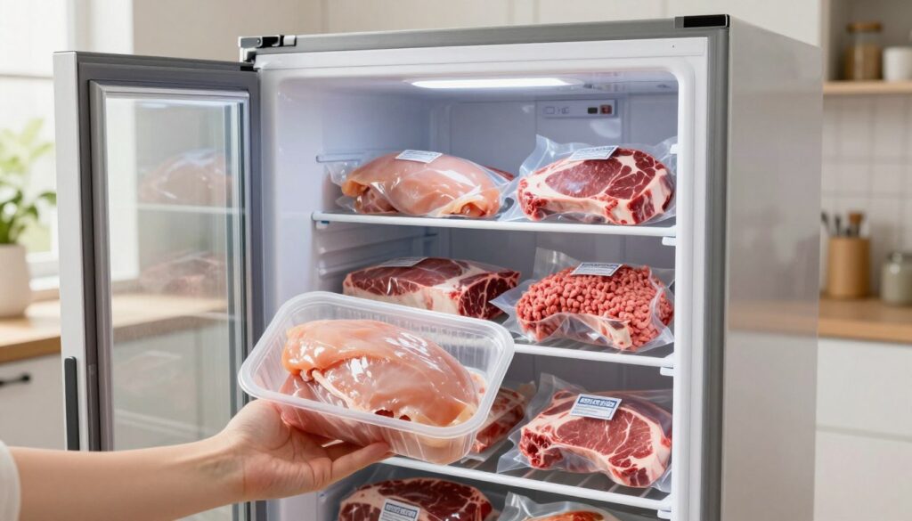 A modern kitchen scene focusing on a large, transparent upright freezer filled with neatly packaged raw meats, clearly labeled for easy identification. The foreground features a hand holding a container of frozen chicken breasts, showcasing proper storage techniques and organization. In the middle ground, the freezer door is slightly ajar, revealing an array of other frozen meats, including steaks and ground beef, all in vacuum-sealed packages to emphasize freshness and safety. The background is softly blurred, showing a tidy kitchen with light streaming in from a window, creating a warm, inviting atmosphere. The overall mood is informative and practical, highlighting the importance of freezing as a safe method for preserving meat. The lighting is bright and natural, enhancing the colors and textures of the food.