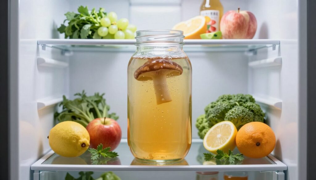 A modern refrigerator interior, showcasing a neatly organized shelf dedicated to kombucha preparation. In the foreground, a large glass jar filled with a vibrant, fermented kombucha culture sits prominently, with a visible kombucha mushroom floating on the surface. The jar is illuminated by soft, natural lighting, highlighting the effervescent bubbles rising within the liquid. In the middle ground, various colorful fruits and herbs are strategically arranged around the jar, suggesting flavoring options. The background features a glimpse of other refrigerator shelves brimming with fresh produce and condiments, creating a sense of abundance and functionality. The mood is serene and inviting, evoking freshness and health, with a clean and modern aesthetic.