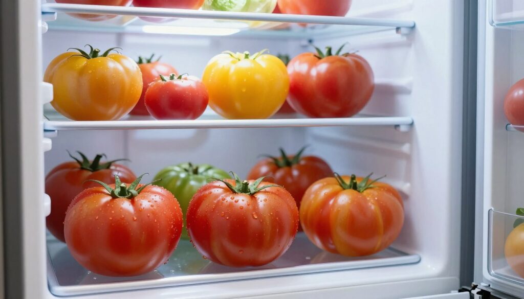 A modern refrigerator with its door slightly ajar, showcasing an array of vibrant, fresh tomatoes in varying sizes and hues, ranging from deep red to bright yellow. The foreground features the tomatoes glistening with condensation, emphasizing their freshness and juiciness. In the middle, the interior of the refrigerator is softly illuminated by cool white LED lights, casting a subtle glow that highlights the freshness of the produce. The background is slightly blurred to keep focus on the tomatoes while hinting at neatly arranged shelves of other vegetables and fruits. The atmosphere is refreshing and inviting, conveying a sense of crispness and vitality, perfect for illustrating the delicate balance of storing tomatoes properly.