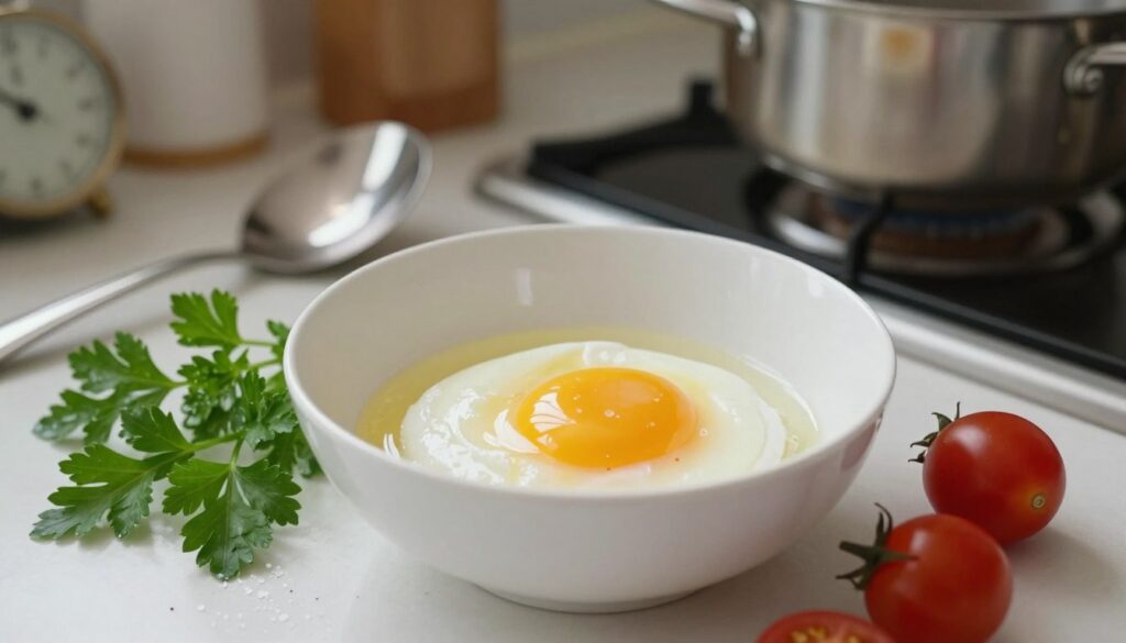 A perfectly poached egg in a pristine, white bowl, showcasing its smooth, delicate shape and a bright, runny yolk that glistens in the soft kitchen light. Surrounding the bowl are fresh ingredients, including a sprig of parsley, a couple of cherry tomatoes, and a sprinkle of salt, creating a cozy and inviting atmosphere. In the background, a slightly blurred kitchen countertop is visible, featuring essential cooking utensils like a slotted spoon, a pot of simmering water, and a timer, emphasizing the preparation process. The lighting is warm and natural, suggesting a homey kitchen setting, with a slight overhead angle to focus on the egg while capturing the surrounding ingredients and tools subtly.