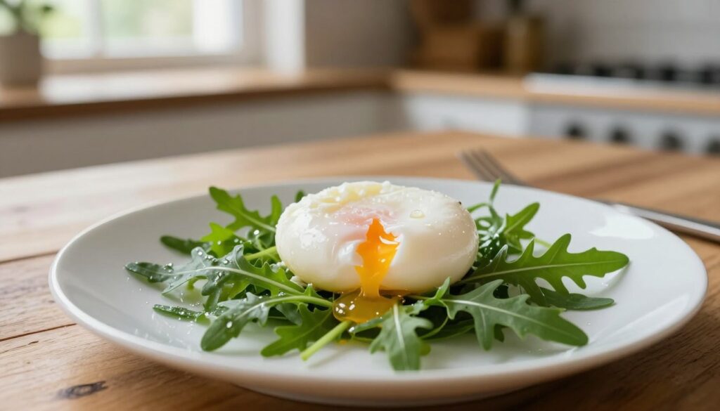 A perfectly poached egg sits elegantly on a pristine white plate, showcasing its smooth, glistening surface that hints at the runny yolk inside. The egg is delicately nestled on a bed of fresh, vibrant arugula leaves, with subtle droplets of water glistening on the greens to emphasize freshness. In the background, a rustic wooden kitchen table is softly lit by warm, natural light streaming in from a nearby window, creating a cozy, inviting atmosphere. A shallow depth of field highlights the egg in the foreground while softly blurring the background, enhancing the focus on the dish. The overall mood is calm and inviting, reflecting the art of cooking poached eggs to perfection.