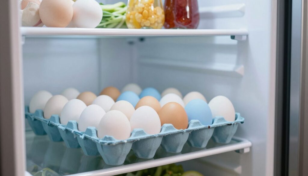 A refrigerator interior filled with fresh eggs, arranged in a clean, organized manner on a dedicated shelf. The foreground features a close-up view of a pale blue egg carton, slightly open, revealing perfectly placed eggs in soft pastel shades—white, brown, and light blue. The middle of the image showcases the refrigerator's shelving, with other food items like fresh vegetables and condiments strategically placed, all reflecting a sense of health and freshness. The background displays the sleek design of the refrigerator, with soft, cool LED lighting enhancing the ambiance, creating a calm and inviting atmosphere. A shallow depth of field adds focus to the eggs, while soft shadows enhance the textures, emphasizing freshness and safety in food storage. A refrigerator interior filled with fresh eggs, arranged in a clean, organized manner on a dedicated shelf. The foreground features a close-up view of a pale blue egg carton, slightly open, revealing perfectly placed eggs in soft pastel shades—white, brown, and light blue. The middle of the image showcases the refrigerator's shelving, with other food items like fresh vegetables and condiments strategically placed, all reflecting a sense of health and freshness. The background displays the sleek design of the refrigerator, with soft, cool LED lighting enhancing the ambiance, creating a calm and inviting atmosphere. A shallow depth of field adds focus to the eggs, while soft shadows enhance the textures, emphasizing freshness and safety in food storage.