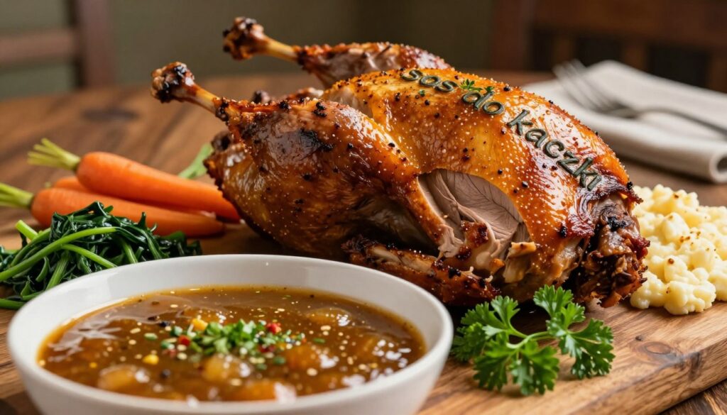 A rich and appetizing scene featuring "sos do kaczki" artfully drizzled over tender, roasted duck. In the foreground, a vivid bowl of glossy sauce with hints of herbs and spices glistens enticingly, complemented by a scattering of fresh parsley for color. In the middle ground, the beautifully served duck rests on a rustic wooden table, with golden-brown crispy skin and succulent meat visible. Surrounding the duck, a selection of vibrant side dishes like roasted carrots, sautéed greens, and creamy polenta provide contrast and variety. The background is softly blurred, suggesting a cozy, warmly lit dining environment, enhancing the intimate and inviting atmosphere. The lighting is warm and diffused, creating a mouth-watering ambiance. The angle captures the essence of a culinary masterpiece.