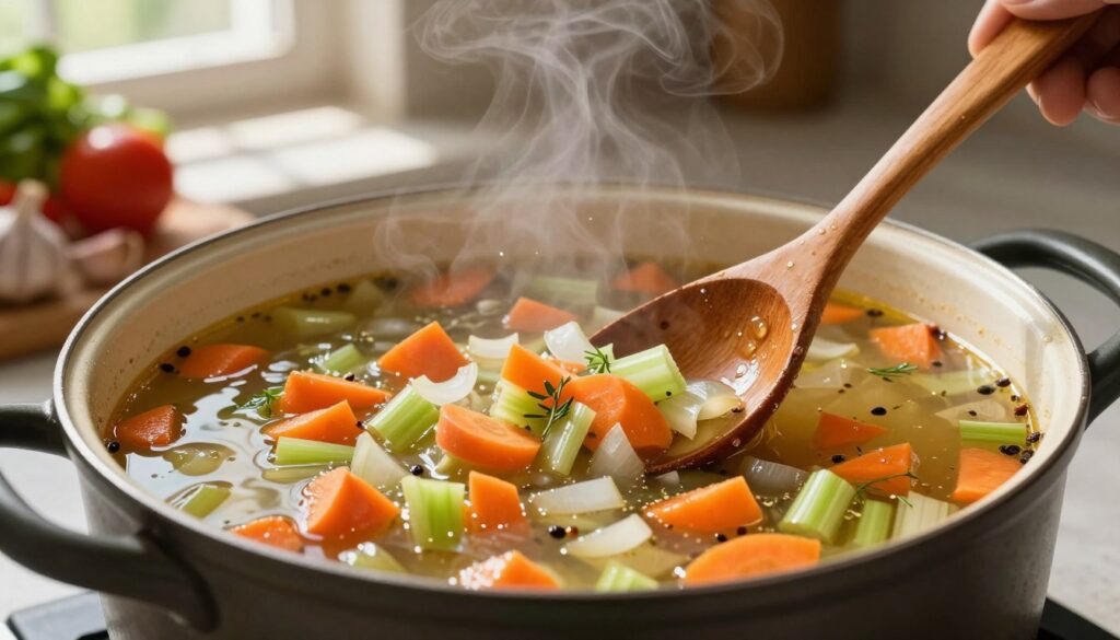 A rich and vibrant vegetable broth, glistening in a rustic pot, filled with colorful chopped vegetables like carrots, celery, and onions, simmering with herbs and spices. The foreground features a wooden spoon stirring the broth, droplets glistening in the warm light. In the middle, steam rises from the pot, creating a cozy atmosphere, while hints of garlic and spices fill the air. The background reveals a kitchen countertop with fresh vegetables and spices scattered around, bathed in soft, natural light streaming from a window, casting gentle shadows. The mood is warm and inviting, suggesting the comforting essence of homemade cooking. The composition highlights the nourishment and warmth of preparing a hearty base for traditional soup.