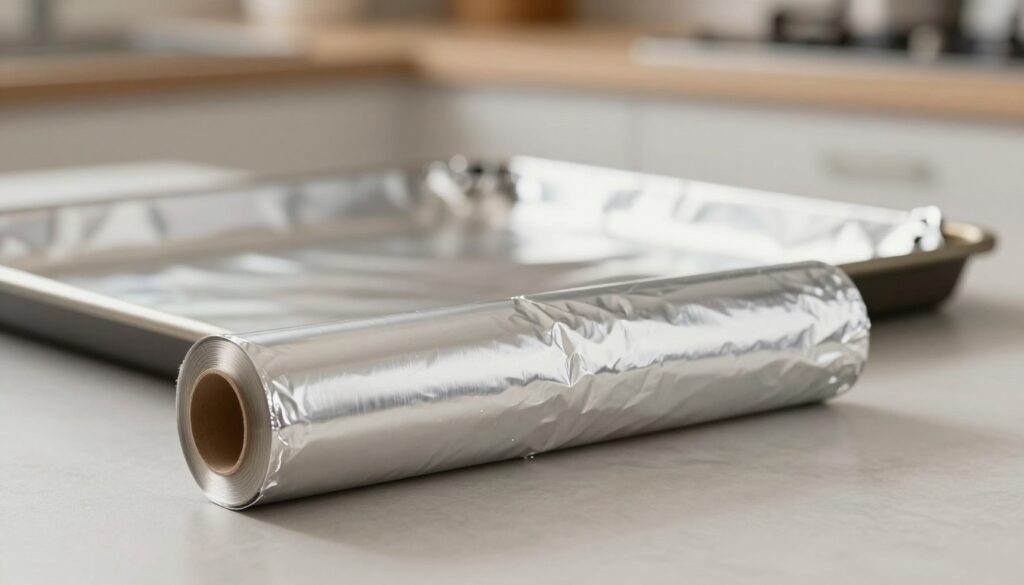 A roll of shiny aluminum foil sits prominently in the foreground, showcasing its smooth, reflective surface with subtle highlights glimmering under soft, natural light. In the middle ground, a baking tray lined with the foil is partially visible, emphasizing its practical use in cooking. The background features a softly blurred kitchen setting, complete with muted colors, to create a warm, inviting atmosphere. The composition should evoke a sense of functionality and safety, highlighting the foil's versatility as a baking alternative. A gentle, diffused light source enhances the reflective quality of the foil, bringing attention to its texture while maintaining an overall clean and professional look.