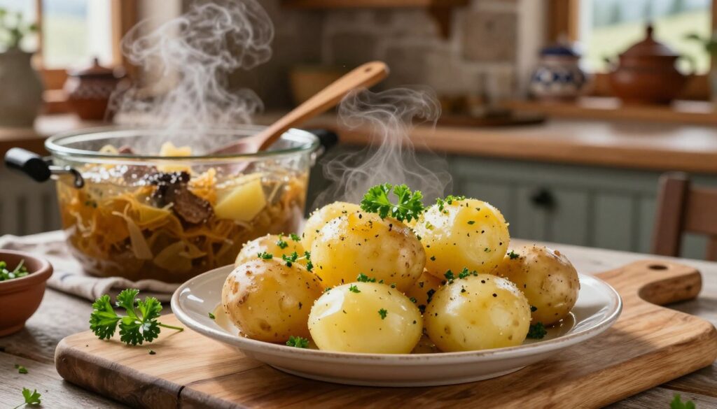 A rustic kitchen scene featuring a beautifully arranged plate of boiled potatoes, specifically paired for kwaśnica. In the foreground, a close-up of the steaming, golden-brown potatoes sits invitingly on a wooden cutting board, garnished with fresh parsley for a pop of color. The middle ground includes a bubbling pot of kwaśnica, showing hints of sauerkraut and smoky meat, with a wooden spoon resting beside it. The background reveals rustic kitchen elements, such as stone walls and wooden shelves with traditional Polish pottery. Soft, warm lighting cascades from a window, creating a cozy, inviting atmosphere. The overall mood is homely and authentic, capturing the essence of cozy mountain cooking.