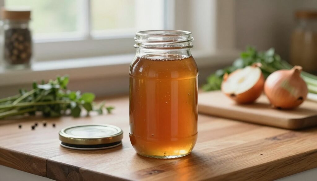 A rustic kitchen scene featuring a freshly prepared jar of onion syrup, sitting on a wooden countertop. The jar, half-filled with a golden-brown syrup, has a tightly fitted lid resting beside it, suggesting immediate sealing. In the background, soft natural light filters through a window, illuminating herbs and spices scattered around the workspace. Fresh onions and a cutting board signify the recent preparation of the syrup. The atmosphere is warm and inviting, emphasizing a sense of care and homeliness. A close-up angle captures the details of the jar and its surroundings, highlighting textures like wood and glass with a gentle focus on the syrup, inviting the viewer to contemplate the next steps in preserving this concoction. A rustic kitchen scene featuring a freshly prepared jar of onion syrup, sitting on a wooden countertop. The jar, half-filled with a golden-brown syrup, has a tightly fitted lid resting beside it, suggesting immediate sealing. In the background, soft natural light filters through a window, illuminating herbs and spices scattered around the workspace. Fresh onions and a cutting board signify the recent preparation of the syrup. The atmosphere is warm and inviting, emphasizing a sense of care and homeliness. A close-up angle captures the details of the jar and its surroundings, highlighting textures like wood and glass with a gentle focus on the syrup, inviting the viewer to contemplate the next steps in preserving this concoction.