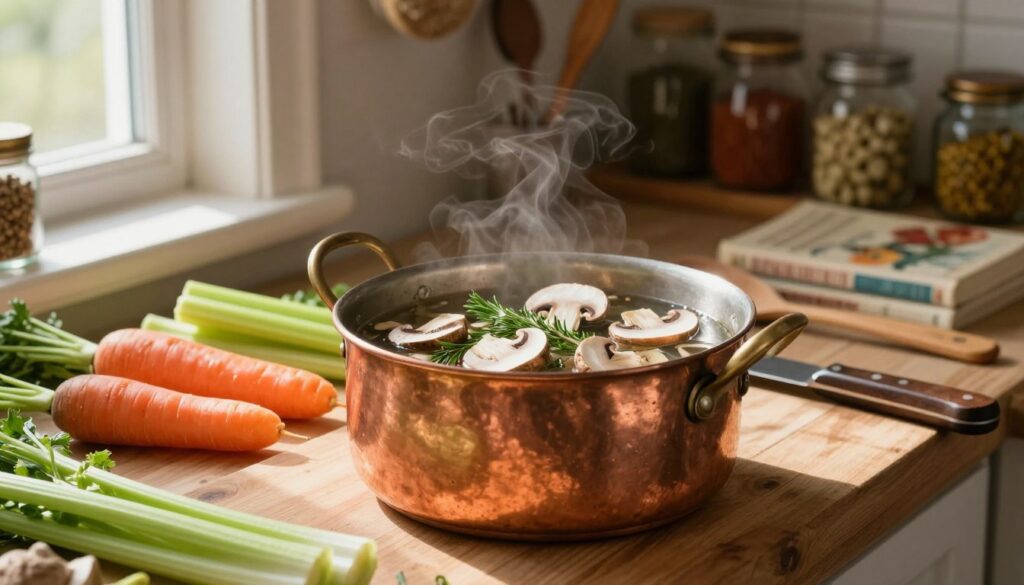 A rustic kitchen scene featuring a gleaming, vintage copper pot (garnka) centered in the foreground. The pot is filled with freshly sliced mushrooms and aromatic herbs, ready for soup preparation. Surrounding the garnka, there's an array of colorful vegetables like carrots and celery laid out on a wooden cutting board. In the middle ground, a set of well-used kitchen utensils, such as a wooden spoon and a chef’s knife, hint at the cooking process. Soft, warm natural light streams through a nearby window, casting gentle shadows and creating an inviting atmosphere. In the background, shelves filled with jars of spices and cookbooks evoke a cozy, homely feel, reflecting a love for cooking and the preparation of delicious dishes. The image conveys a peaceful and inviting mood, perfect for culinary inspiration.