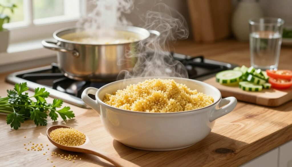 A rustic kitchen scene featuring a pot of fluffy, perfectly cooked millet (kasza jaglana) on a wooden countertop, surrounded by fresh ingredients. In the foreground, a wooden spoon rests beside a small bowl of rinsed millet grains, while a sprig of fresh parsley adds a pop of color. The middle ground showcases a stove with the pot gently simmering, steam rising, hinting at its creamy texture. In the background, sunlight filters through a window, casting warm light that creates a cozy atmosphere. A cutting board with chopped vegetables and a glass of water complete the scene, emphasizing natural cooking. The overall mood is inviting and fresh, highlighting the preparation process aimed at making millet light and non-bitter.