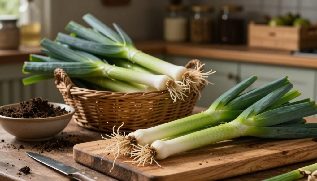 A rustic kitchen scene featuring freshly harvested leeks, their vibrant green leaves and earthy roots visible. In the foreground, a wooden cutting board holds several leeks, with a sharp knife nearby, hinting at the preparation process. In the middle ground, a basket overflowing with more leeks sits next to a bowl filled with soil, representing their removal from the earth. The background depicts a dimly lit cellar with shelves stacked with jars and wooden crates, creating a cozy, homely atmosphere. Soft, warm lighting enhances the natural colors of the leeks, casting gentle shadows that add depth to the scene. The focus is on the textures of the leeks and the rustic elements, evoking a sense of culinary tradition and craftsmanship.