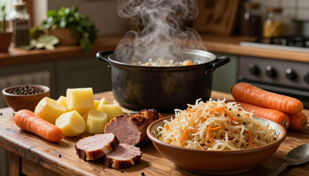 A rustic wooden table filled with fresh ingredients for kwaśnica, surrounded by a cozy, warm atmosphere. In the foreground, a large bowl of sauerkraut, glistening with moisture, with slices of tender, smoked meat resting beside it. Nearby, a heap of diced potatoes and chunks of carrots add vibrant color. In the middle, a pot simmering on a vintage stove, steam rising gently into the air. The background features wooden shelves stocked with traditional spices and herbs, like bay leaves and peppercorns. Soft, ambient lighting creates an inviting mood, capturing the essence of a warm, hearty Polish kitchen. Use a shallow depth of field to emphasize the ingredients, creating a sense of warmth and homeliness.