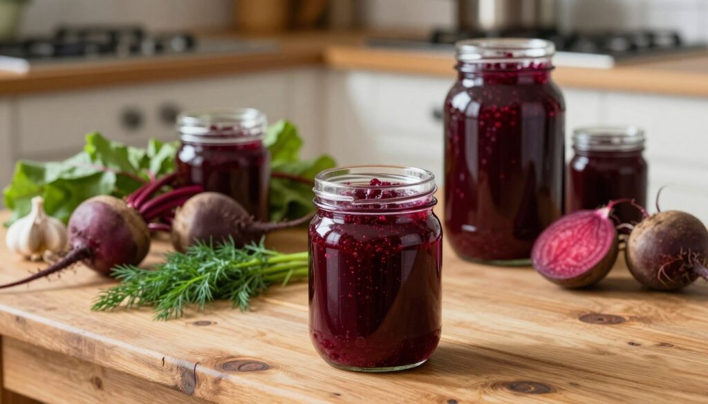 A rustic wooden table serves as the foreground, adorned with several jars of vivid red zakwas buraczany, showcasing their deep burgundy color and rich texture. Each jar is uniquely shaped and carefully sealed with a transparent lid, allowing the intricate bubbles to be visible. In the middle ground, fresh beetroots and aromatic herbs like dill and garlic are artistically arranged, emphasizing the ingredients used for fermentation. The background features a softly blurred kitchen setting with warm, natural lighting, creating a cozy atmosphere. Soft shadows dance across the table, enhancing the rustic charm. The overall mood is inviting and homely, ideal for illustrating proper storage methods for this traditional beet kvass.