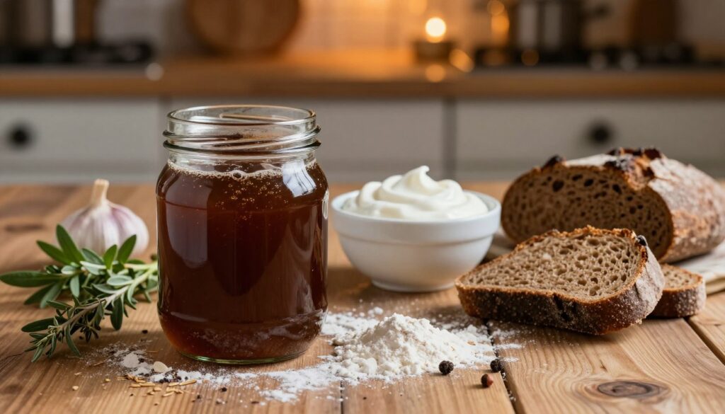 A rustic wooden table serves as the foreground, showcasing a glass jar filled with bubbling, dark brown zakwas żurek. The jar is surrounded by a scattering of rye flour and spices—such as marjoram and garlic—giving a homely, aromatic feel. In the middle, a small bowl of creamy, white sour cream and a couple of slices of crusty, dark rye bread provide a contrasting texture. The background features a softly lit kitchen environment, with warm, ambient lighting casting gentle shadows, evoking a cozy atmosphere. A few fresh herbs are placed strategically to enhance the home-cooked vibe. Use a shallow depth of field to focus on the zakwas in the foreground, creating a warm and inviting mood inspired by traditional Polish culinary culture.