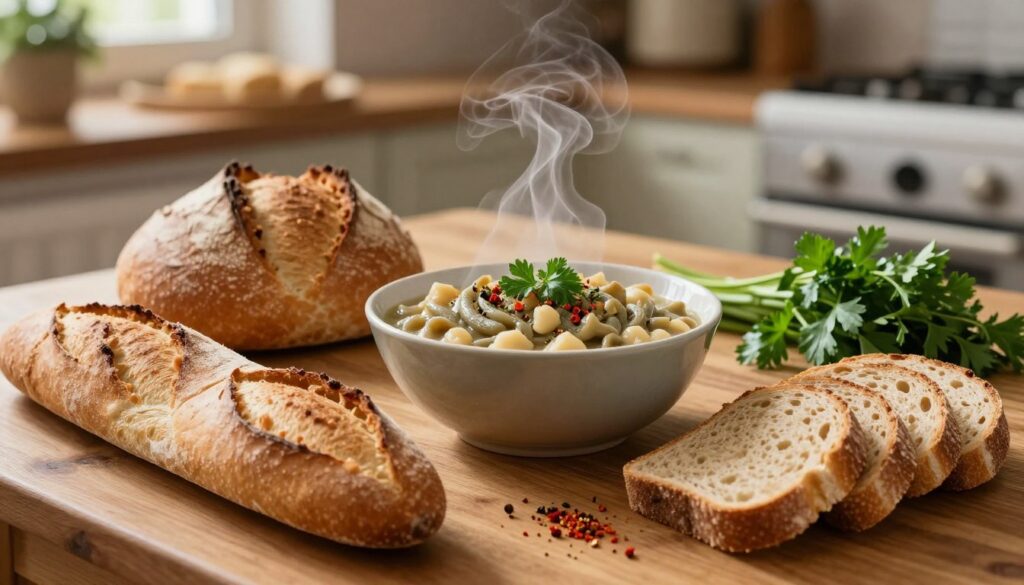 A rustic wooden table set with an assortment of freshly baked bread perfect for serving with 'fasolka po bretońsku.' In the foreground, display a crisp baguette, a round sourdough loaf, and slices of whole grain bread, showcasing their crusty textures. In the middle ground, a small bowl of steaming 'fasolka po bretońsku' adorned with herbs and spices emits fragrant wisps of steam, surrounded by fresh parsley and a sprinkle of paprika. The background features a softly blurred kitchen setting, bathed in warm, inviting natural light, highlighting the cozy atmosphere of a traditional Polish meal. The composition captures a sense of hominess and culinary delight, inviting viewers to imagine enjoying the meal.