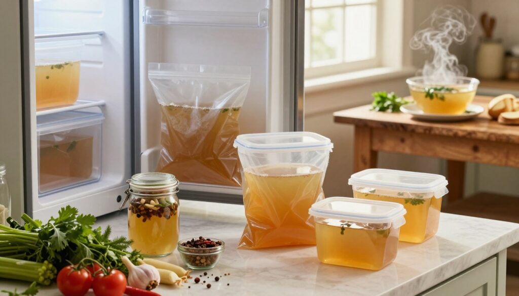 A serene kitchen scene showcasing an organized countertop featuring several containers filled with frozen broth in airtight bags and glass jars. In the foreground, a colorful assortment of natural ingredients like fresh herbs, vegetables, and spices are neatly arranged, emphasizing the preparation process. The middle ground displays a sturdy freezer door partially open, revealing more frozen broth, while a bright window allows soft, warm lighting to illuminate the space. In the background, a rustic wooden table holds an inviting bowl of steaming broth garnished with fresh herbs, setting a cozy, homely atmosphere. The overall mood is one of warmth and practicality, illustrating the safe storage of broth for later enjoyment. A serene kitchen scene showcasing an organized countertop featuring several containers filled with frozen broth in airtight bags and glass jars. In the foreground, a colorful assortment of natural ingredients like fresh herbs, vegetables, and spices are neatly arranged, emphasizing the preparation process. The middle ground displays a sturdy freezer door partially open, revealing more frozen broth, while a bright window allows soft, warm lighting to illuminate the space. In the background, a rustic wooden table holds an inviting bowl of steaming broth garnished with fresh herbs, setting a cozy, homely atmosphere. The overall mood is one of warmth and practicality, illustrating the safe storage of broth for later enjoyment.