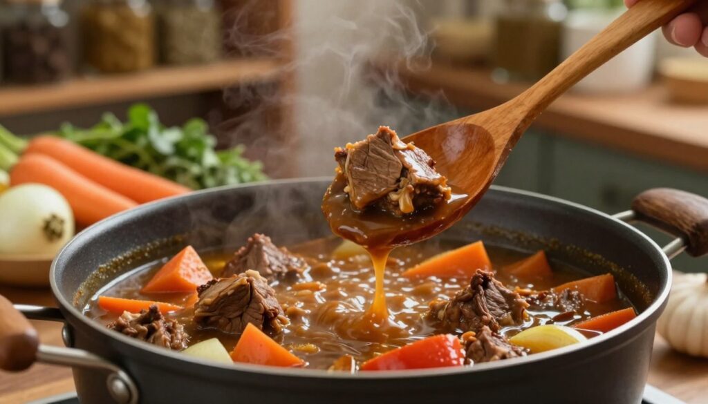 A simmering pot of stew is the focal point, showcasing tender chunks of meat being braised in a rich, aromatic sauce. In the foreground, a wooden spoon hovers above the pot, revealing the thick, velvety texture of the sauce as it clings to the meat. The middle ground features a variety of vibrant vegetables—carrots, onions, and bell peppers—softening in the bubbling mixture. The background hints at a cozy kitchen ambiance, with soft, warm lighting illuminating rustic wooden shelves lined with spices and herbs. A shallow depth of field focuses on the pot, creating an inviting, home-cooked atmosphere that captures the essence of slow cooking. The scene evokes a sense of warmth and comfort, suggesting the transformation of ingredients into a flavorful, tender dish.