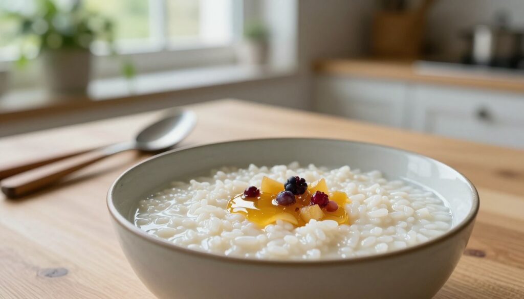 A soothing and inviting image of a bowl of rice porridge (kleik ryżowy) made with water, elegantly displayed in a traditional ceramic bowl. In the foreground, the creamy, smooth texture of the porridge is highlighted with a delicate drizzle of honey and a sprinkle of fresh fruit like berries, enhancing the visuals. The middle ground features a softly blurred wooden table, with subtle kitchen utensils arranged artfully nearby, reflecting the cooking process. The background is an airy, softly lit kitchen setting with green plants and natural light filtering through a window, creating a warm and homely atmosphere. The overall mood is calm and inviting, perfect for a light, comforting meal. Emphasize natural light and a soft focus to create a serene ambiance. A soothing and inviting image of a bowl of rice porridge (kleik ryżowy) made with water, elegantly displayed in a traditional ceramic bowl. In the foreground, the creamy, smooth texture of the porridge is highlighted with a delicate drizzle of honey and a sprinkle of fresh fruit like berries, enhancing the visuals. The middle ground features a softly blurred wooden table, with subtle kitchen utensils arranged artfully nearby, reflecting the cooking process. The background is an airy, softly lit kitchen setting with green plants and natural light filtering through a window, creating a warm and homely atmosphere. The overall mood is calm and inviting, perfect for a light, comforting meal. Emphasize natural light and a soft focus to create a serene ambiance.