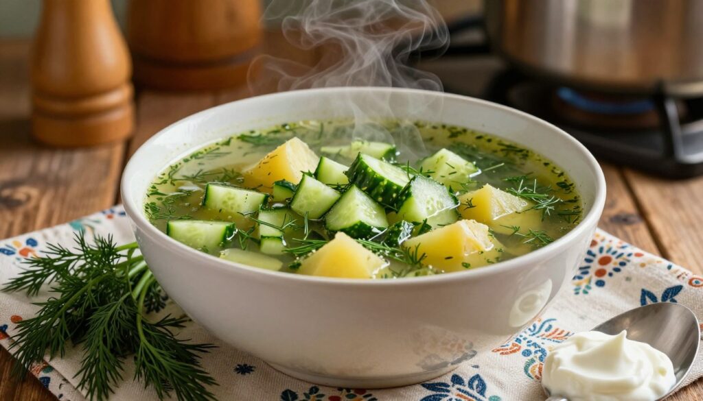 A steaming bowl of traditional Polish zupa ogórkowa, featuring a vibrant green color from finely chopped cucumbers complemented by a rich broth with visible chunks of potatoes and herbs. The bowl is placed on a rustic wooden table, adorned with a patterned tablecloth. In the foreground, fresh dill and sour cream are artistically arranged around the bowl, enhancing the dish's appeal. Soft, warm lighting casts a cozy glow, highlighting the steam rising from the soup. In the background, blurred kitchen utensils and a pot simmering on the stove suggest a home-cooking atmosphere. The angle captures the texture of the soup and the inviting details of the setting, evoking a warm, welcoming mood, perfect for a culinary guide.