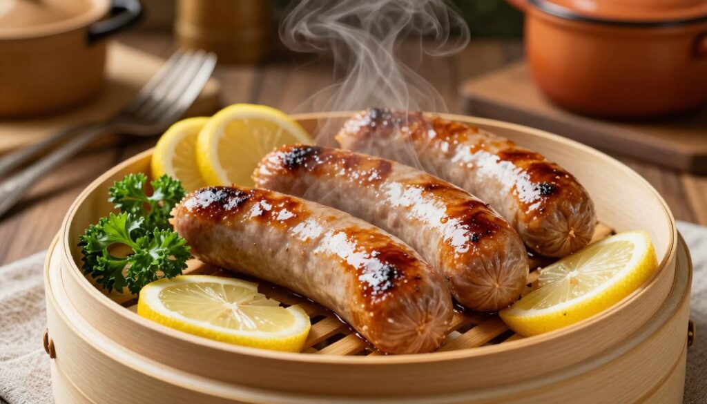 A steaming plate of perfectly cooked "parówki" (sausages) placed elegantly on a bamboo steamer basket. The sausages glisten with a light sheen, showcasing their juicy texture, with a variety of garnishes like fresh parsley and slices of lemon artfully arranged around them. In the background, soft, warm ambient light illuminates a rustic kitchen setting, featuring vintage utensils and pots that evoke a cozy, inviting atmosphere. The focus is on the sausages, captured from a slightly elevated angle, allowing for a clear view of their plumpness and appealing colors. The scene conveys a wholesome, appetizing mood, emphasizing the rich flavors and aromas of the steamed sausages, inviting viewers to savor the experience. A steaming plate of perfectly cooked "parówki" (sausages) placed elegantly on a bamboo steamer basket. The sausages glisten with a light sheen, showcasing their juicy texture, with a variety of garnishes like fresh parsley and slices of lemon artfully arranged around them. In the background, soft, warm ambient light illuminates a rustic kitchen setting, featuring vintage utensils and pots that evoke a cozy, inviting atmosphere. The focus is on the sausages, captured from a slightly elevated angle, allowing for a clear view of their plumpness and appealing colors. The scene conveys a wholesome, appetizing mood, emphasizing the rich flavors and aromas of the steamed sausages, inviting viewers to savor the experience.
