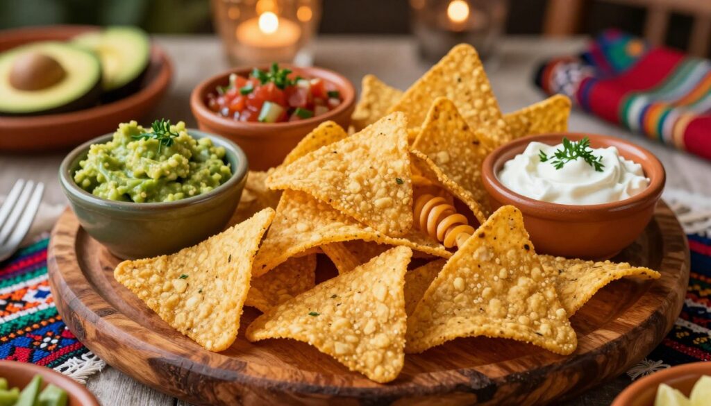 A vibrant and appetizing arrangement of tortilla chips made from crispy, golden tortillas, piled attractively on a rustic wooden platter. The chips should be intricately shaped, showcasing a mix of triangular and spiral forms. Surround them with colorful accompaniments: small bowls of fresh guacamole, zesty salsa, and sour cream, garnished with herbs. In the background, a soft-focus setting featuring a festive table adorned with decorative textiles and warm, ambient lighting creates a welcoming atmosphere. The scene is captured from a slightly elevated angle, emphasizing the texture and freshness of the food. The overall mood is casual yet festive, ideal for gatherings and celebrations, with an inviting warmth that draws the viewer in.