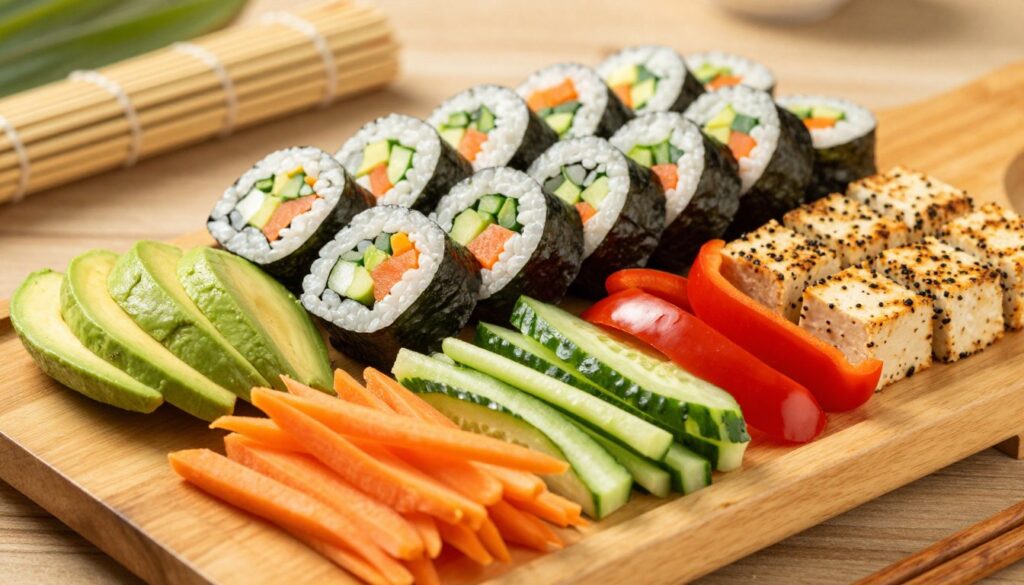 A vibrant and appetizing arrangement of vegetarian and vegan sushi fillings, displayed artistically on a wooden platter. The foreground features colorful ingredients such as sliced avocados, julienned carrots, cucumber strips, vibrant bell peppers, and seasoned tofu, all freshly cut and beautifully arranged. In the middle ground, a variety of sushi rolls partially sliced to reveal their colorful interiors, with seaweed and rice visible. The background includes a soft-focus bamboo mat and subtle greenery to enhance the natural feel. Warm, soft lighting casts gentle shadows, creating a cozy, inviting atmosphere suitable for a culinary article. The overall mood is fresh, healthy, and enticing, highlighting the delicious possibilities of plant-based sushi filling ideas.