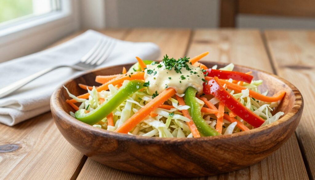 A vibrant and appetizing dish of surówka, showcasing a refreshing mix of finely shredded carrots, crisp cabbage, and colorful bell peppers, artfully arranged in a rustic wooden bowl. In the foreground, the textures of the vegetables are enhanced by droplets of fresh dressing, garnished with a sprinkle of fresh herbs. The middle ground features a traditional wooden table set with a white linen napkin and a simple fork, evoking a homey atmosphere. In the background, soft, natural light filters through a nearby window, casting gentle shadows and highlighting the freshness of the ingredients. The mood is inviting and wholesome, ideal for a summer dining experience, emphasizing healthy eating and vibrant flavors. A vibrant and appetizing dish of surówka, showcasing a refreshing mix of finely shredded carrots, crisp cabbage, and colorful bell peppers, artfully arranged in a rustic wooden bowl. In the foreground, the textures of the vegetables are enhanced by droplets of fresh dressing, garnished with a sprinkle of fresh herbs. The middle ground features a traditional wooden table set with a white linen napkin and a simple fork, evoking a homey atmosphere. In the background, soft, natural light filters through a nearby window, casting gentle shadows and highlighting the freshness of the ingredients. The mood is inviting and wholesome, ideal for a summer dining experience, emphasizing healthy eating and vibrant flavors.