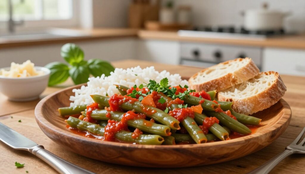 A vibrant and appetizing scene showcasing a serving of green beans in a rich tomato sauce, garnished with fresh herbs. In the foreground, place a rustic wooden plate filled with the delicious beans, glistening with sauce. Surround the plate with simple accompaniments: fluffy white rice, slices of crusty bread, and a small bowl of grated cheese. In the middle ground, include a softly lit kitchen setting with a wooden table, a sprig of basil, and a small knife resting beside the plate. The background features a cozy kitchen atmosphere, with gentle natural light streaming in through a window to enhance the warm, inviting feel of the meal. Capture the essence of a quick and comforting meal with a focus on delicious simplicity.