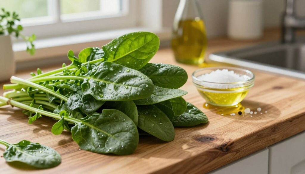 A vibrant and fresh bunch of spinach leaves, glistening with dew, arranged artfully on a rustic wooden kitchen counter. In the foreground, the lush green leaves display rich textures and varying shades of green, emphasizing their freshness. In the middle ground, a small bowl of coarse sea salt and a drizzle of olive oil sit alongside the spinach, hinting at the flavor enhancements that can be used. In the background, softly blurred kitchen elements like herbs and spices add warmth to the scene. Soft, natural daylight filters through a nearby window, casting gentle shadows and creating a serene, inviting atmosphere perfect for culinary exploration. The composition should evoke a sense of freshness and healthy cooking. A vibrant and fresh bunch of spinach leaves, glistening with dew, arranged artfully on a rustic wooden kitchen counter. In the foreground, the lush green leaves display rich textures and varying shades of green, emphasizing their freshness. In the middle ground, a small bowl of coarse sea salt and a drizzle of olive oil sit alongside the spinach, hinting at the flavor enhancements that can be used. In the background, softly blurred kitchen elements like herbs and spices add warmth to the scene. Soft, natural daylight filters through a nearby window, casting gentle shadows and creating a serene, inviting atmosphere perfect for culinary exploration. The composition should evoke a sense of freshness and healthy cooking.
