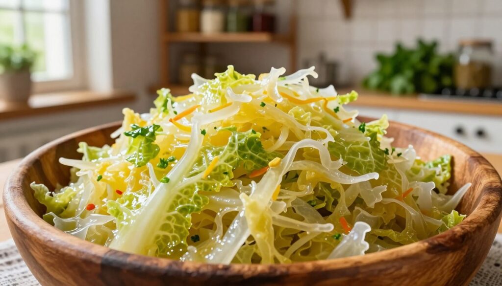 A vibrant, close-up image of fermented sauerkraut, known as "kiszonej kapusty," filling a rustic wooden bowl. The sauerkraut should be vivid green and pale yellow, each leaf glistening with a slight sheen of brine, emphasizing its freshness. In the background, a traditional kitchen setting with wooden shelves lined with jars, spices, and fresh herbs, creating a cozy atmosphere. Soft, natural light filters in from a nearby window, casting gentle shadows that enhance the textures of the cabbage. The scene should evoke a sense of warmth and homeliness, ideal for illustrating the role of sauerkraut in a flavorful and well-balanced soup. Use a warm color palette to enhance the inviting mood.