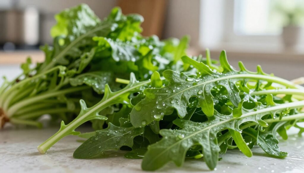 A vibrant close-up image of fresh arugula leaves, showcasing their crisp, green texture, with droplets of water glistening on the surface as if recently washed. In the foreground, display a handful of arugula, its leaves unruly and layered, emphasizing freshness. In the middle ground, arrange a variety of slightly wilted greens to highlight the stark contrast between fresh and less fresh produce. The background features a softly blurred kitchen setting with natural light streaming in from a window, creating a warm and inviting atmosphere. Capture the image with a macro lens for intricate detail and a shallow depth of field to draw attention to the vibrant arugula, conveying a sense of vitality and freshness.