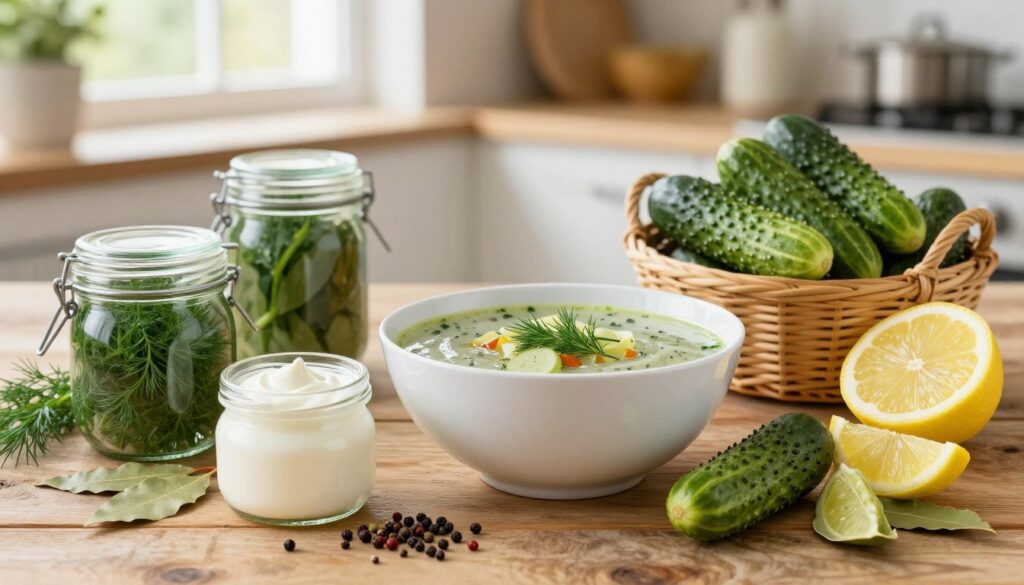 A vibrant collection of spices and herbs, beautifully arranged on a rustic wooden table. In the foreground, feature jars of dill, sour cream, and a basket of fresh cucumbers, suggesting their role in a zupa ogórkowa. In the middle, a bowl of the soup is artfully presented, glistening with a hint of acidity, surrounded by scattered spices like peppercorns, bay leaves, and lemon slices. The background reveals a softly blurred kitchen setting, with warm natural light streaming through a window, creating an inviting atmosphere. The focus should highlight the texture and colors of the ingredients, evoking a sense of warmth and culinary creativity, perfect for showcasing the essence of a sour and flavorful cucumber soup.