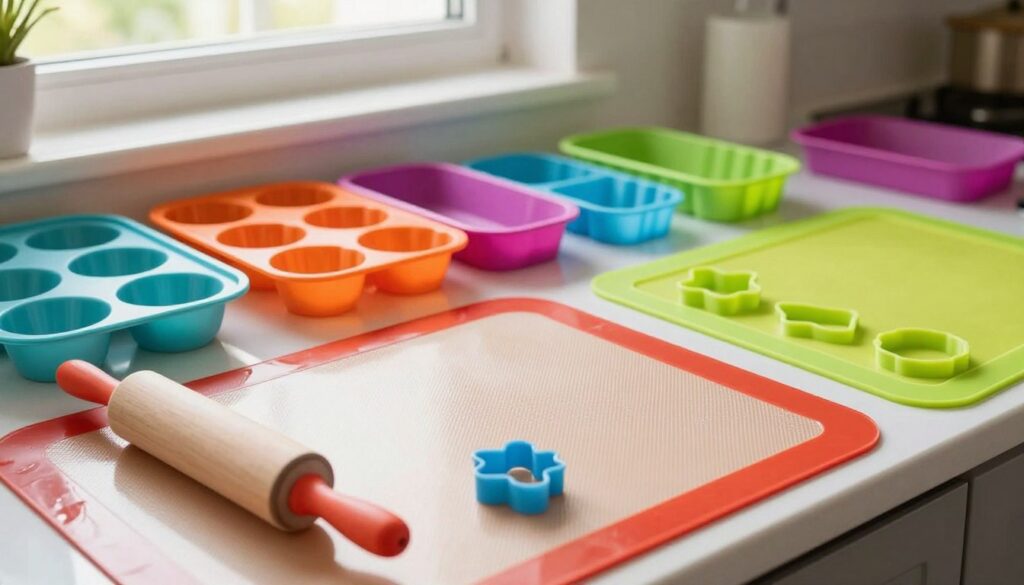 A vibrant kitchen counter scene showcasing reusable silicone mats in various shapes and colors, neatly arranged alongside baking tools. In the foreground, a close-up of a textured silicone baking mat with a rolling pin and cookie cutters. The middle section reveals an assortment of silicone baking forms, such as muffin trays and loaf pans, all glistening under soft, natural light. In the background, warm sunlight filters through a window, casting gentle shadows, enhancing the homey atmosphere. The colors are bright and inviting, highlighting the practicality of these mats for high-temperature baking. The image captures a sense of cleanliness and efficiency, emphasizing the convenience and versatility of silicone baking products.