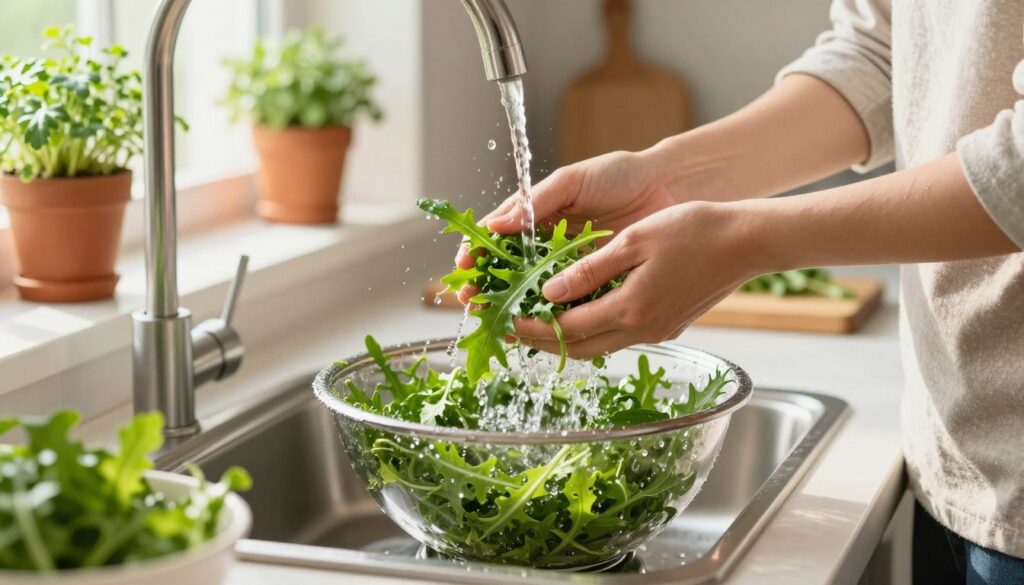 A vibrant kitchen scene featuring fresh arugula being gently washed. In the foreground, a person in modest casual clothing is carefully rinsing arugula leaves under a stream of water, droplets glistening in the light. The middle layer shows a clean, shiny bowl filled with the freshly washed arugula, surrounded by kitchen utensils like a cutting board and a small colander. The background captures a sunlit kitchen with a window, showcasing potted herbs and soft, natural lighting that enhances the freshness of the vegetables. The mood is bright and invigorating, emphasizing the importance of washing and drying arugula to prolong its freshness. Focus on capturing the textures of the leaves and the clarity of the water.
