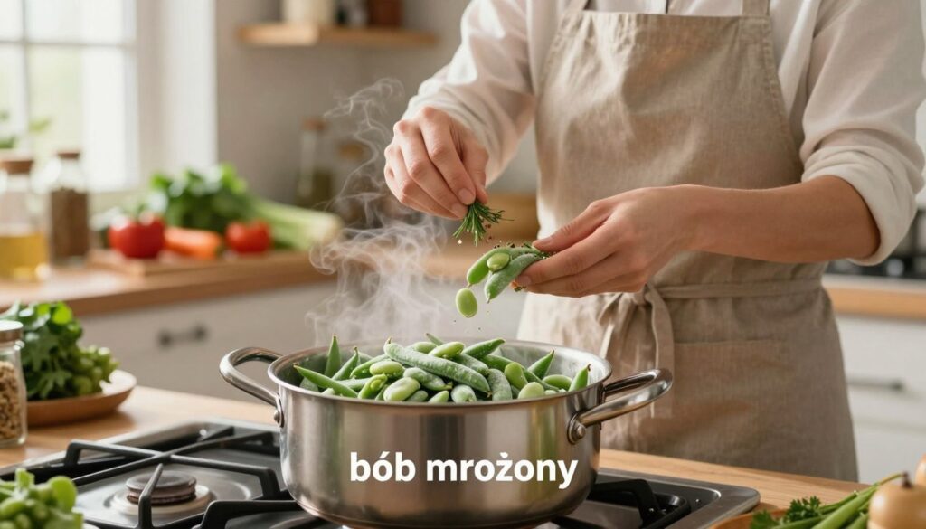 A vibrant kitchen scene showcasing frozen broad beans, or "bób mrożony," being prepared. In the foreground, a pot filled with bright green beans sits on a stovetop with gentle steam rising, indicating they are being cooked. In the middle ground, a cook, dressed in a simple, modest apron, is focused on adding herbs and spices. The background features shelves lined with spices and fresh vegetables, softly blurred to emphasize the cooking action. The lighting is warm and inviting, coming from a nearby window, casting a soft glow on the scene. The atmosphere is lively yet calm, capturing the essence of preparing a delicious, perfectly cooked dish without thawing the beans.