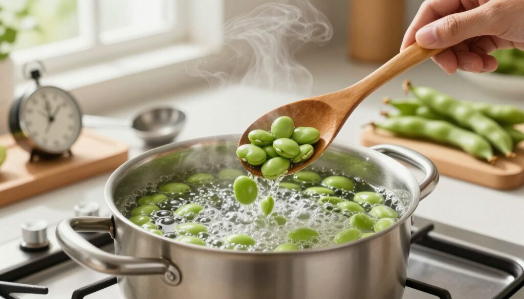 A vibrant kitchen scene showcasing the process of cooking fava beans. In the foreground, a pot filled with boiling water sits on a gas stove, with fresh fava beans being added, their bright green color contrasting against the bubbling water. In the middle ground, a wooden spoon is poised above the pot, steam rising gently, while a timer and measuring spoon are laid out on a nearby countertop, emphasizing the importance of precise cooking time. The background features soft, natural light streaming through a window, highlighting the freshness of the ingredients and creating an inviting atmosphere. The mood is warm and homely, perfect for illustrating the careful preparation needed to achieve tender yet firm fava beans.