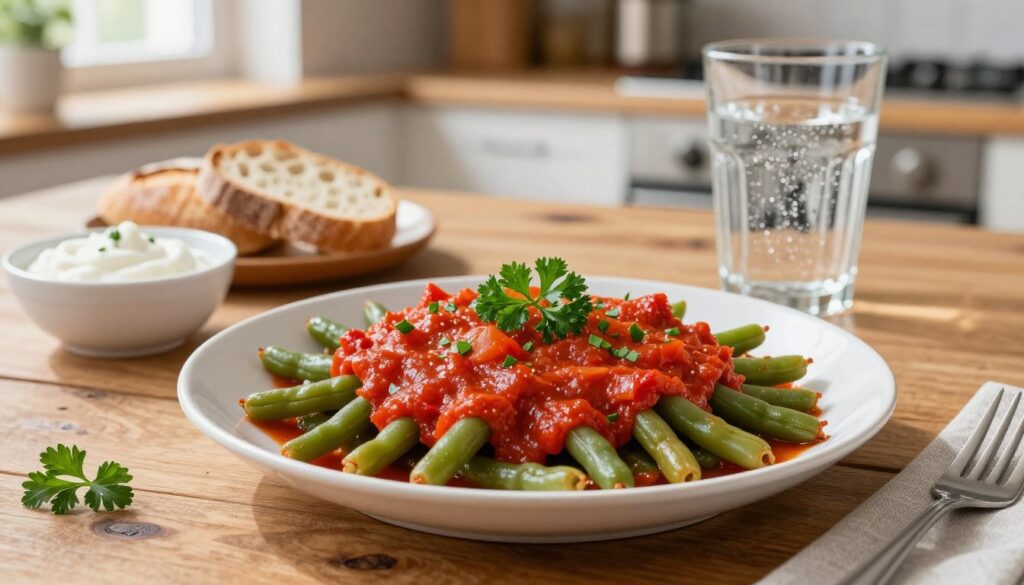 A vibrant plate of "fasolka w sosie pomidorowym," featuring cooked green beans smothered in a rich, homemade tomato sauce, garnished with fresh parsley. In the foreground, the dish is elegantly presented on a rustic wooden table, highlighting the deep red and green colors of the food. Surrounding the plate are simple, complementing side dishes such as crusty bread, a small bowl of creamy yogurt, and a glass of sparkling water. The background features a softly lit kitchen scene, with sunlight streaming through a window, creating a warm and inviting atmosphere. Capture this scene from a slightly elevated angle for the best composition, evoking a sense of comfort and home-cooked goodness.