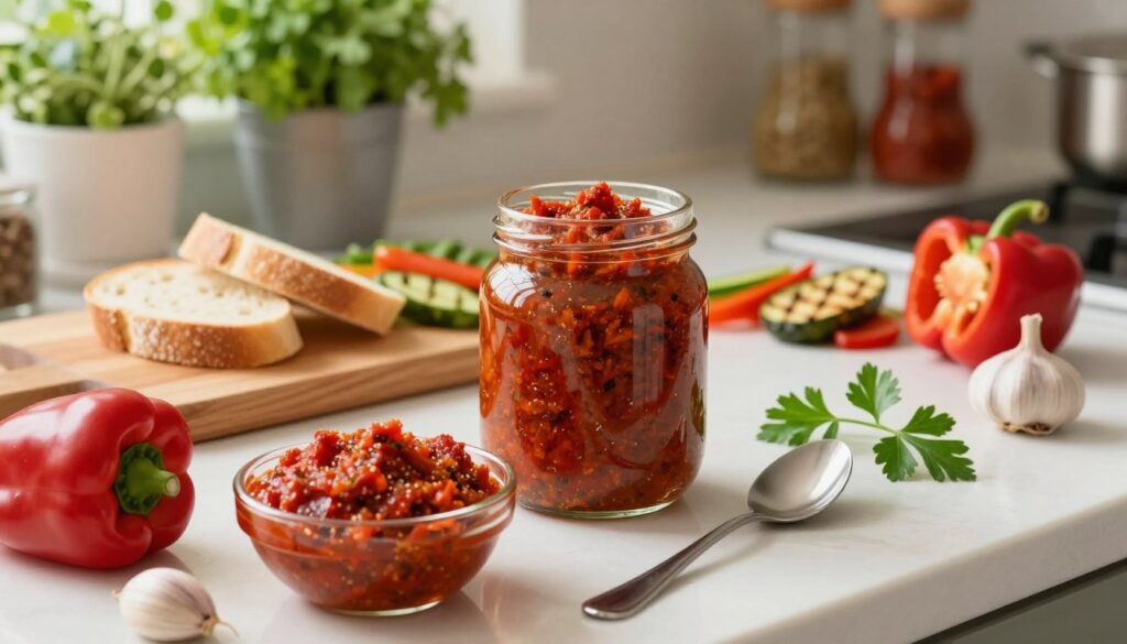 A vibrant scene showcasing a beautifully arranged kitchen countertop featuring ajvar in an elegant glass jar, surrounded by fresh ingredients like ripe red peppers, garlic cloves, and a sprig of parsley. In the foreground, a small bowl of ajvar is artfully placed, with a spoon resting beside it ready for a serving. The middle ground reveals a cutting board with freshly sliced bread and grilled vegetables, hinting at various dishes that can be enhanced with ajvar. The background consists of soft-focus kitchen elements, such as herbs in pots and colorful spices, creating an inviting and homely atmosphere. Warm, natural lighting bathes the scene, giving a cozy feel, while a shallow depth of field emphasizes the ajvar as the focal point. A vibrant scene showcasing a beautifully arranged kitchen countertop featuring ajvar in an elegant glass jar, surrounded by fresh ingredients like ripe red peppers, garlic cloves, and a sprig of parsley. In the foreground, a small bowl of ajvar is artfully placed, with a spoon resting beside it ready for a serving. The middle ground reveals a cutting board with freshly sliced bread and grilled vegetables, hinting at various dishes that can be enhanced with ajvar. The background consists of soft-focus kitchen elements, such as herbs in pots and colorful spices, creating an inviting and homely atmosphere. Warm, natural lighting bathes the scene, giving a cozy feel, while a shallow depth of field emphasizes the ajvar as the focal point.
