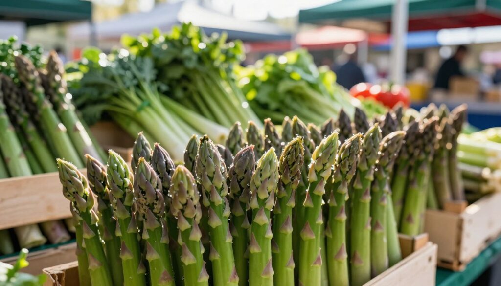 A vibrant scene showcasing a selection of fresh asparagus at a bustling farmer's market. In the foreground, close-up shots of lush green asparagus spears, their tips tightly closed, glistening with morning dew, emphasizing their freshness. In the middle ground, a variety of other vegetables and herbs are displayed on wooden crates, allowing the asparagus to stand out. The background features soft-focus market stalls adorned with colorful fabric canopies, with morning sunlight filtering through, casting gentle shadows. Soft, warm lighting creates a welcoming atmosphere, highlighting the organic textures and colors. The composition evokes a sense of abundance and the importance of selecting high-quality fresh vegetables for cooking.