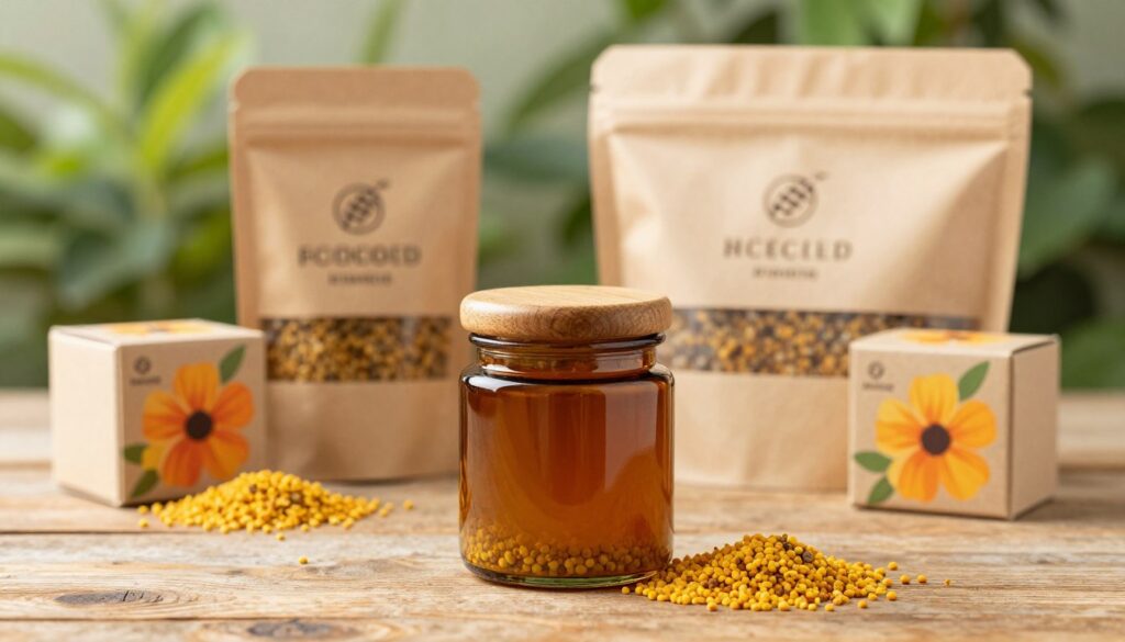 A visually appealing display of packaging for bee pollen, focused on the aspects of freshness and preservation. In the foreground, a beautifully designed jar made of amber glass with a snug-fitting wooden lid rests elegantly on a rustic wooden tabletop. Surrounding the jar, scattered bee pollen grains add a vibrant yellow contrast. In the middle ground, some eco-friendly packaging options, such as kraft paper bags and small cardboard boxes with bright floral designs, are arranged artistically. The background features soft, blurred greenery that evokes a natural, healthy environment, with warm, natural lighting creating a welcoming and fresh atmosphere. The scene captures a sense of care and purpose in preserving the valuable nutrients of bee pollen, emphasizing sustainability and freshness. A visually appealing display of packaging for bee pollen, focused on the aspects of freshness and preservation. In the foreground, a beautifully designed jar made of amber glass with a snug-fitting wooden lid rests elegantly on a rustic wooden tabletop. Surrounding the jar, scattered bee pollen grains add a vibrant yellow contrast. In the middle ground, some eco-friendly packaging options, such as kraft paper bags and small cardboard boxes with bright floral designs, are arranged artistically. The background features soft, blurred greenery that evokes a natural, healthy environment, with warm, natural lighting creating a welcoming and fresh atmosphere. The scene captures a sense of care and purpose in preserving the valuable nutrients of bee pollen, emphasizing sustainability and freshness.